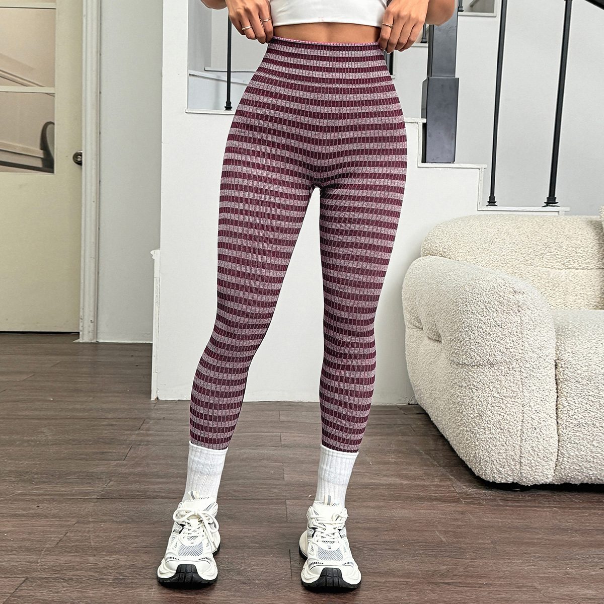 Berry ribbed stripe seamless leggings, back view