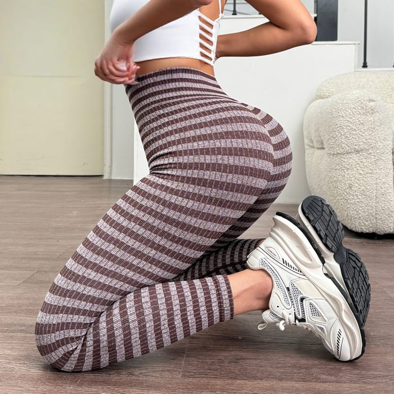 Mocha ribbed stripe seamless leggings, back view