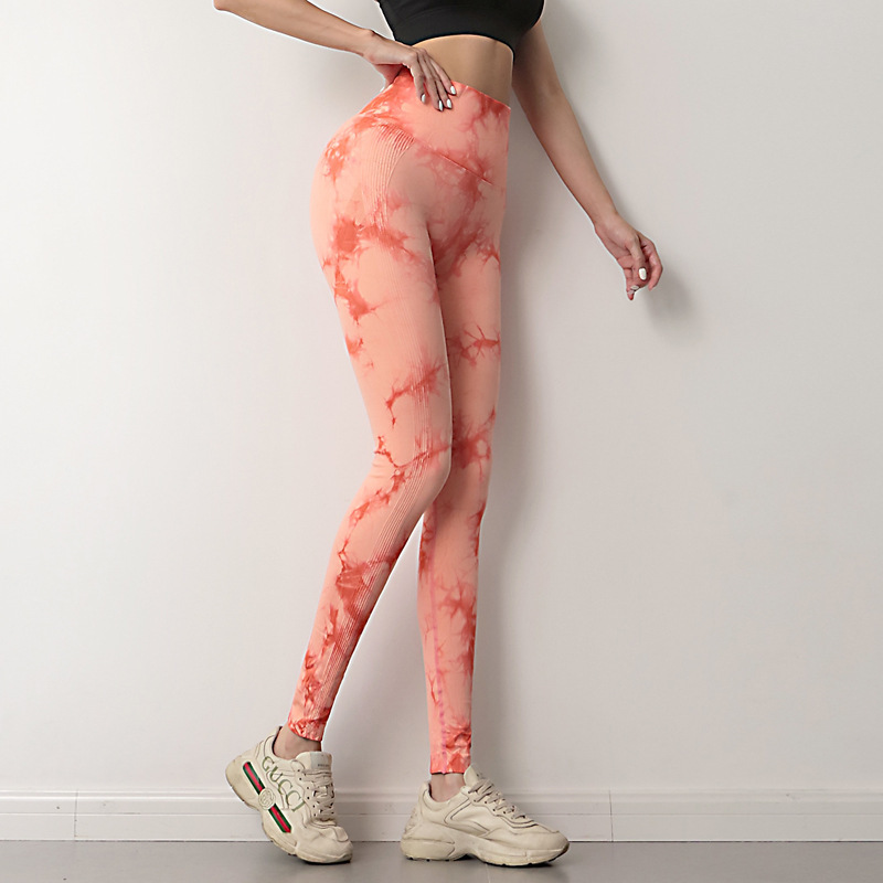 Coral scrunch tie-dye seamless leggings, back view