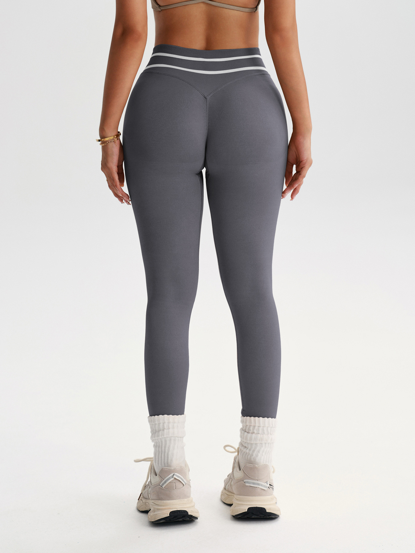 Gray v-back sport leggings, back view