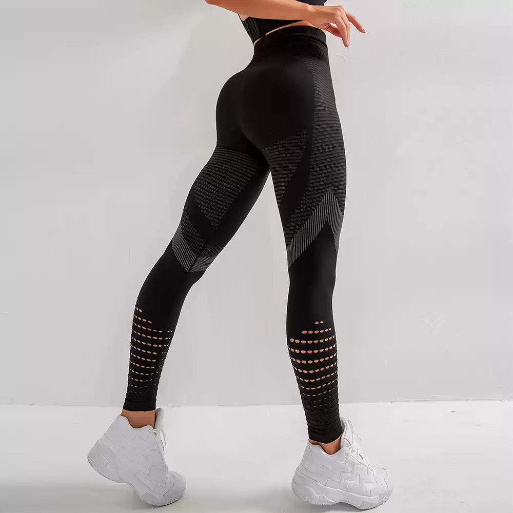 Black seamless high-waisted leggings with grey geometric pattern, back view