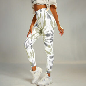 Olive and white tie-dye seamless high-waisted leggings, side view