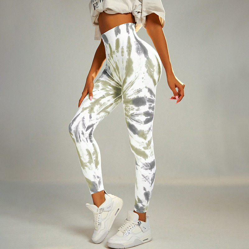 Olive and white tie-dye seamless high-waisted leggings, side view