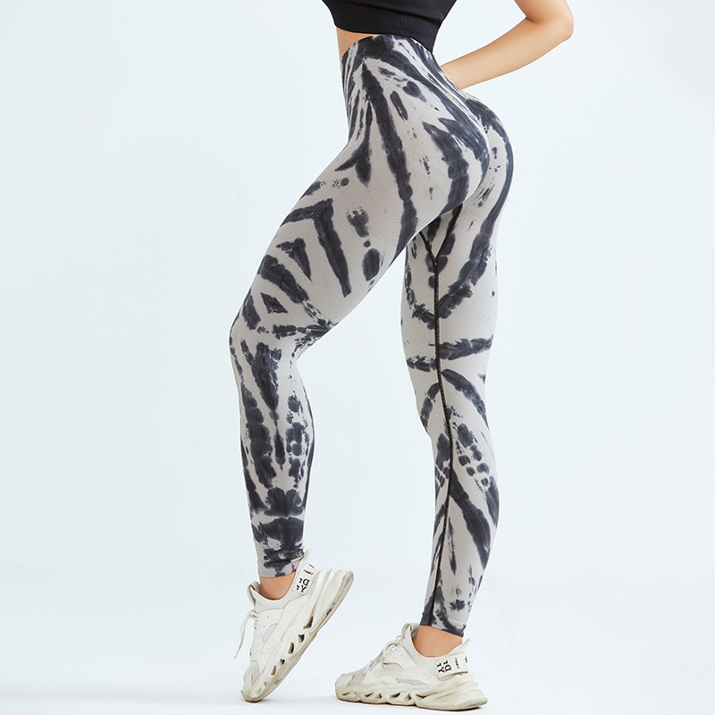 Black and white tie-dye seamless high-waisted leggings, back view